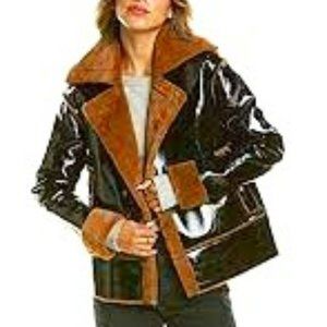 💥RETRO CHIC💥Fur Lined Vinyl Borg Jacket in Black & Brown